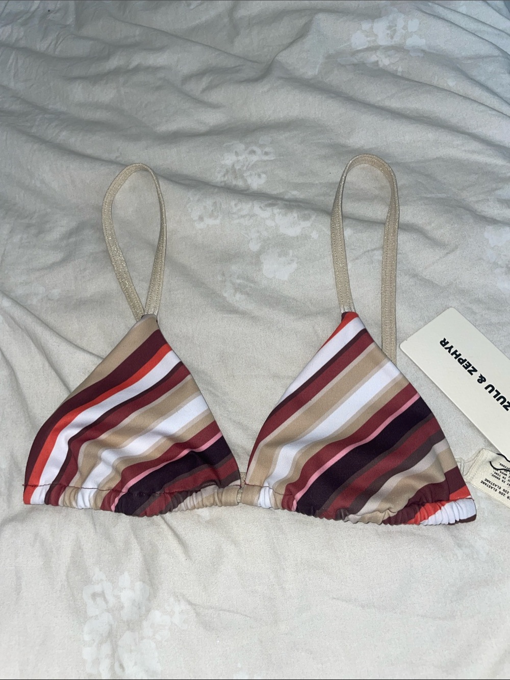 Zulu & Zephyr Striped Triangle Bikini Top in Red, Burgundy & Cream
